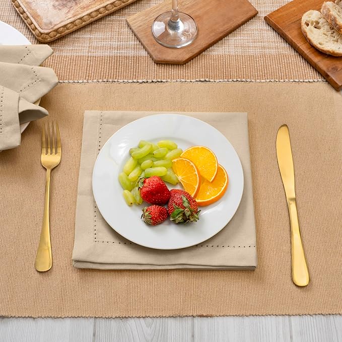 Blue Needles Set of 6 Hemstitch Linen Napkins 100% Cotton Beige Cloth Dinner Napkins 18x18 inches, Soft, Reusable, Absorbent, Washable, Ideal for Fall Thanksgiving Events, Parties & Everyday Use