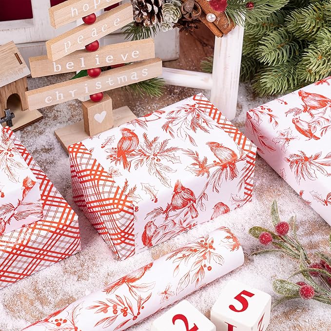 RUSPEPA 30" X 32.8' Reversible Christmas Wrapping Paper Roll, Jumbo Roll, Vintage Red Botanical Bird and Pinecone Design, Red White Plaid Gift Wrap for Girls, Family, Friends, Xmas Holiday Gifts