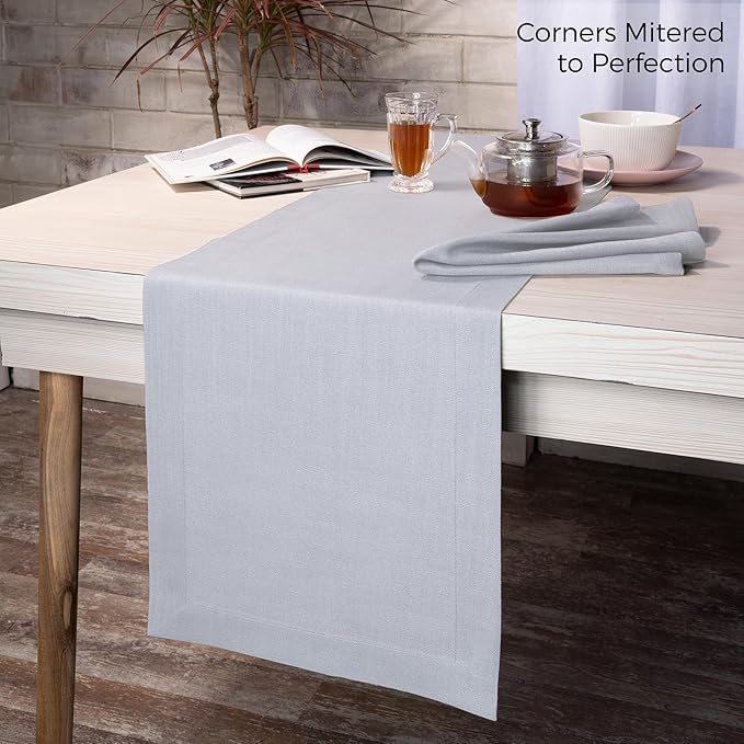 D'Moksha Homes Light Grey Table Runner 14 x 90 Inch - Faux Linen Dining Table Runner 90 Inches Long - Wrinkle Resistant, Machine Washable for Thanksgiving, Holiday - 100% Recycled Fabric