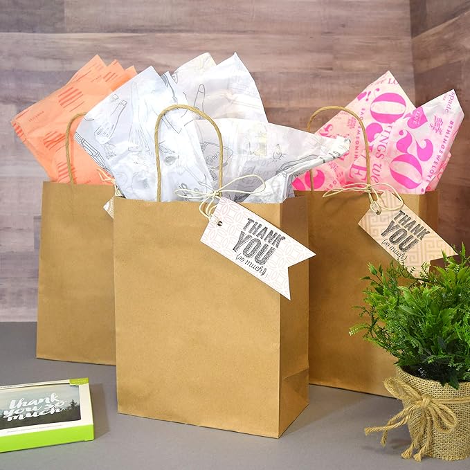 Prime Line Packaging Brown Paper Bags, Kraft Gift Bags with Handles for Small Business, Shopping, Retail, Boutique, Holidays, Party, Bulk, 8x4x10, 25 Pack