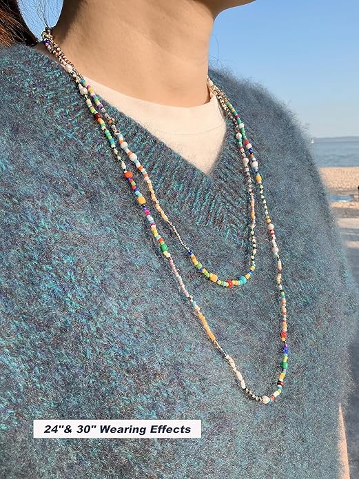 Handmade Bohemian Beaded Necklace for Women - Adjustable Layered Choker with Freshwater Pearls, Multicolor Glass Beads & 14K Gold Plated Stainless Steel, Summer Vacation Jewelry Gift