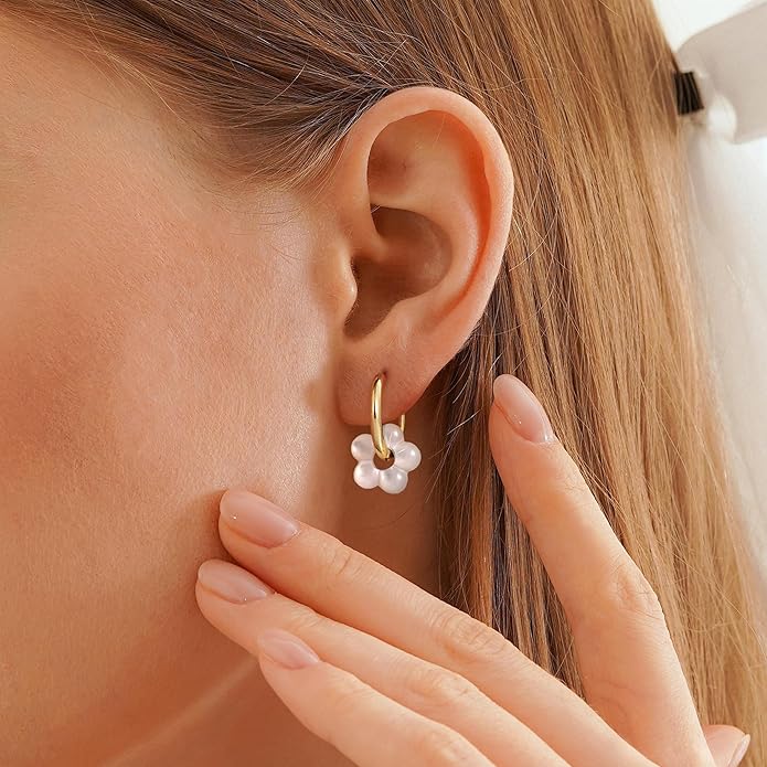 Gold Pearl Dangle Earrings for Women, 14K Gold Plated Small Pearl Drop Huggie Hoop Earrings, Hypoallergenic Dainty Gold Earrings Wedding Jewelry Gifts for Women Trendy