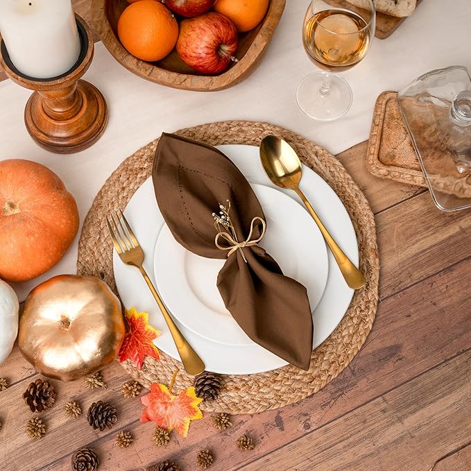 Blue Needles Set of 12 Hemstitch Linen Napkins 100% Cotton Nut Brown Cloth Dinner Napkins 18x18 inches, Soft, Reusable, Absorbent, Washable, Ideal for Fall Thanksgiving Events, Parties & Everyday Use