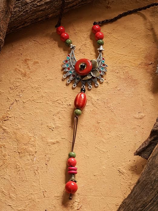 MINACHI Vintage Bohemian Colorful Ceramic Bead Antique Flower Y Necklace, Vintage Boho Hippie Statement Jewelry Gift for Women