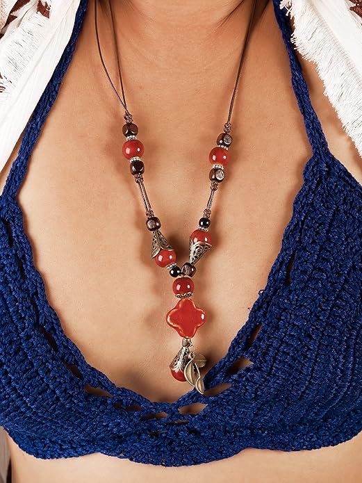 MINACHI Vintage Bohemian Ethnic Colorful Ceramic Bead Long Y Necklace, Hippie Boho Summer Fashion Jewelry Gift for Women