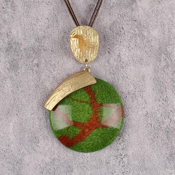 Boho Leather Necklace Women Bohemian Brown Circle Pendant Necklace Choker Long Necklaces for Women Boho Ring Large Pendant
