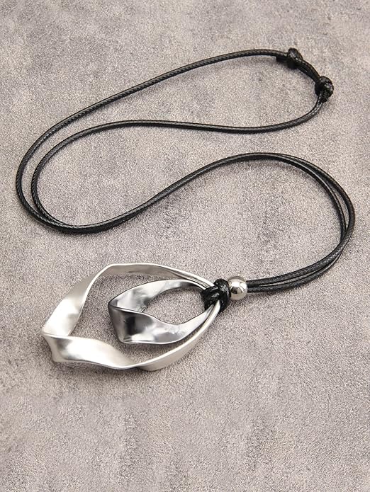 GelConnie Boho Necklaces for Women Vintage Silver Circles Long Pendant Necklace Cowgirl Sweater Necklace Adjustable Leather Choker Necklace for Women