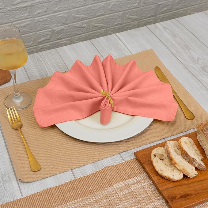Blue Needles Solid Cloth Napkins Set of 12 Salmon 100% Cotton Dinner Napkins 18x18 inches - Soft, Reusable, Absorbent & Washable Fall Thanksgiving Linen, Ideal for Events, Parties & Everyday Use