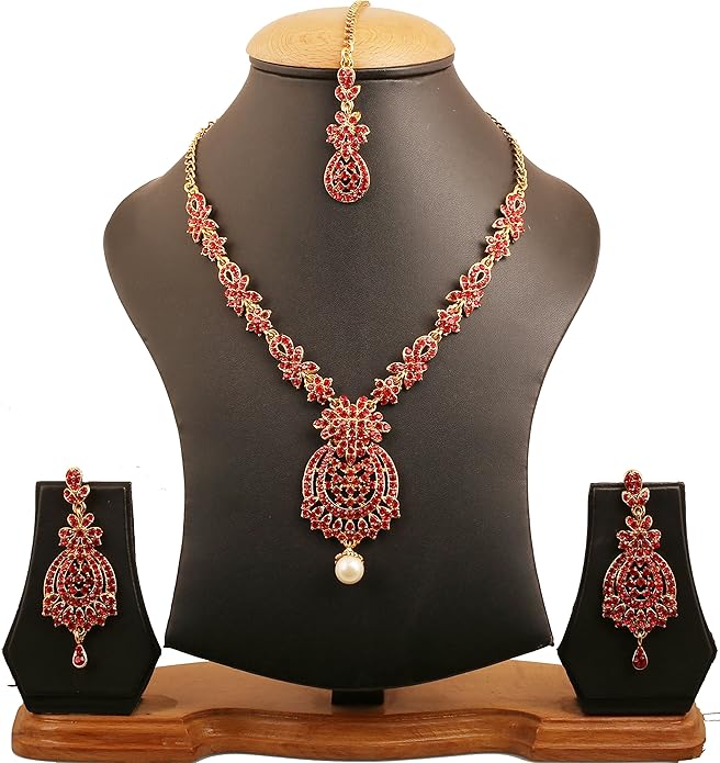 Touchstone Indian jewelry sets for women maang tikka wedding guest gold necklace bollywood jewellery set pageant elegant prom bride accessories western crystal chunky rhinestone necklaces