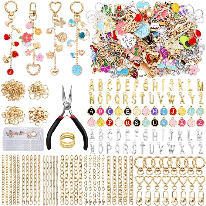 Wurosi 544Pcs Charms Lip Gloss Keychain Making Kit, Bag Charm Kits with Key Chain Hooks, Charms, Chains, Jump Rings, Lobster Clasps, Plier, Gift Bags & Tools, DIY Craft Supplies, Valentines Gifts