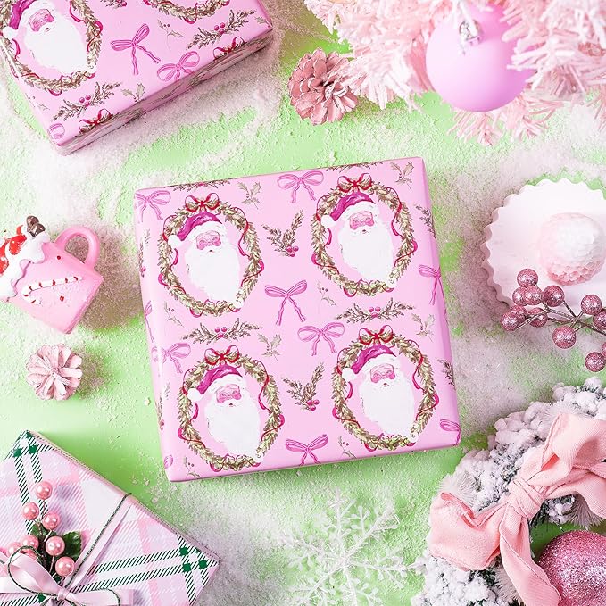 RUSPEPA Reversible Christmas Wrapping Paper Roll, Mini Roll, Pink Santa Claus, Floral Wreath, Bow Design, Green Pink Plaid Gift Wrap for Girls, Kids, Family, Holiday Gifts, 17 Inches x 32.8 Feet