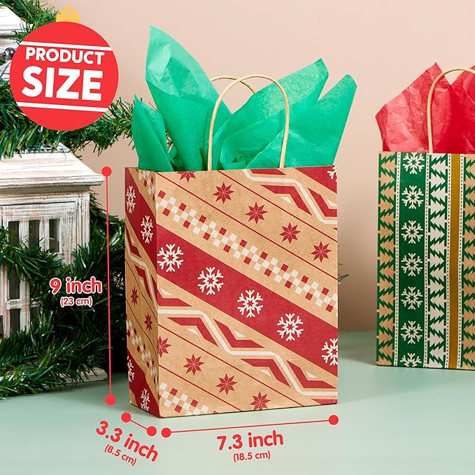 JOYIN 24 PCS Christmas Kraft Bags Holiday Paper Goody Gift Bags with Handles for Xmas Gifts Wrapping Party, Giant Gifts Decorations, Classrooms and Party Favors (Red+Green, 9" x 7.3" x 3.3")