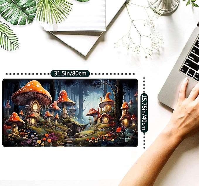 Cute Anime Mushroom Desk Pad Floral Desk Mat, XXL Large Extended Mousepad Gaming Mouse Pad Computer Mat with Stitched Edges, Fantasy Office Decor Laptop Keyboard and Mouse Mat, 31.5x15.75 in