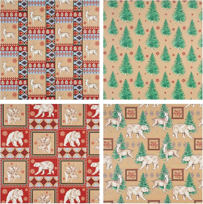 RUSPEPA Christmas Kraft Wrapping Paper - Polar Bear, Reindeer and Christmas Tree Design - 4 Rolls - 30 inches x 10 feet per Roll