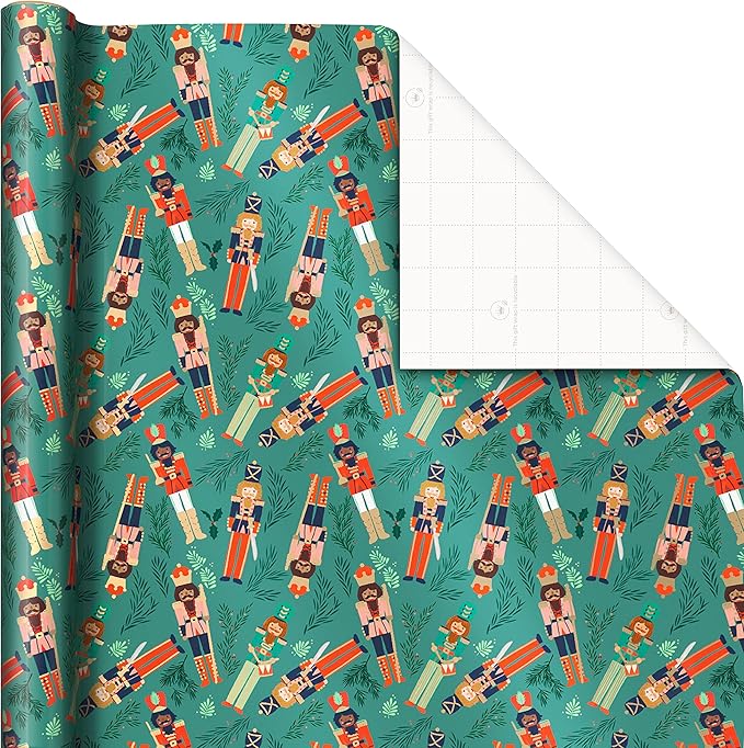Hallmark Christmas Wrapping Paper with Cutlines on Reverse (3 Rolls: 120 Sq. Ft. Total) Winter City Scene, Rustic Snowflakes on Red, Nutcrackers with Foliage
