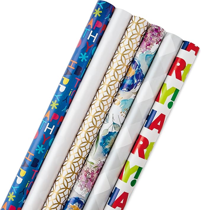 Hallmark Birthday Wrapping Paper Rolls for Graduation, Wedding, Baby Shower, Bridal Shower - Floral, White and Gold & Polka Dot Gift Wrap Paper (Set of 6 Assorted Rolls: 180 sq. ft. ttl.)