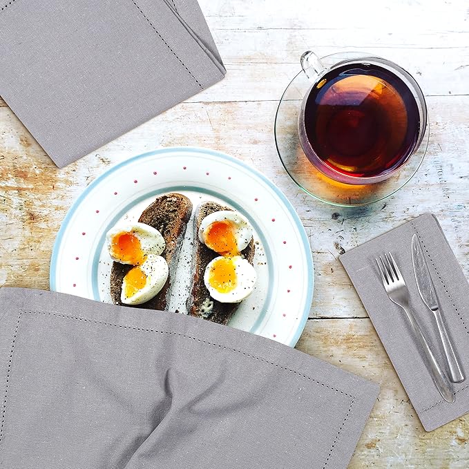 LFH Home Hemstitched Cloth Dinner Napkins 18x18 Inch Set of 12 - Reusable 100% Cotton Machine Washable Cocktail Napkins with Metered Corners for Daily, Party, Wedding, Bar Use - Ash Grey