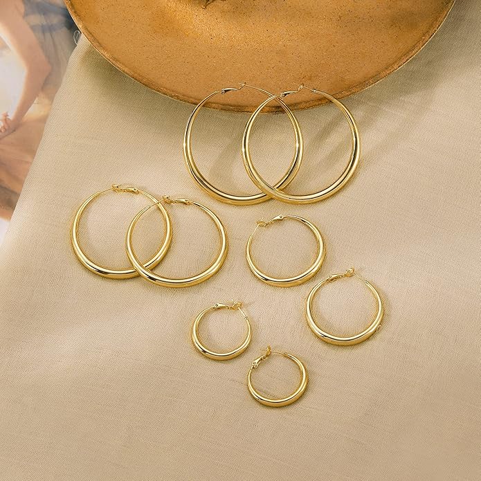 EXGOX Sterling Silver Hoop Earrings - Hypoallergenic, Lightweight, Chunky, 14K Real Gold Plated, Big Large Hoops for Women