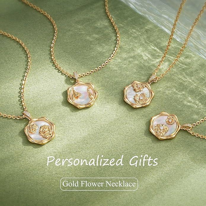 MEVECCO Birth Flower Necklace For Women 18k Gold Plated Mother Of Pearl Disc Floral Pendant Necklace Dainty 12 Birth Month Flower Handmade Personalized Jewelry Anniversary Christmas Birthday Gifts