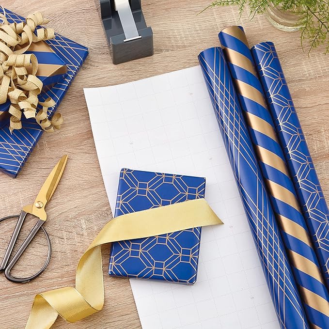 Hallmark Metallic Wrapping Paper Bundle with Cutlines on Reverse (6 Rolls: 210 Square Feet Total) Navy, Gold, Silver and White for Birthdays, Weddings, Graduations, Hanukkah, Christmas