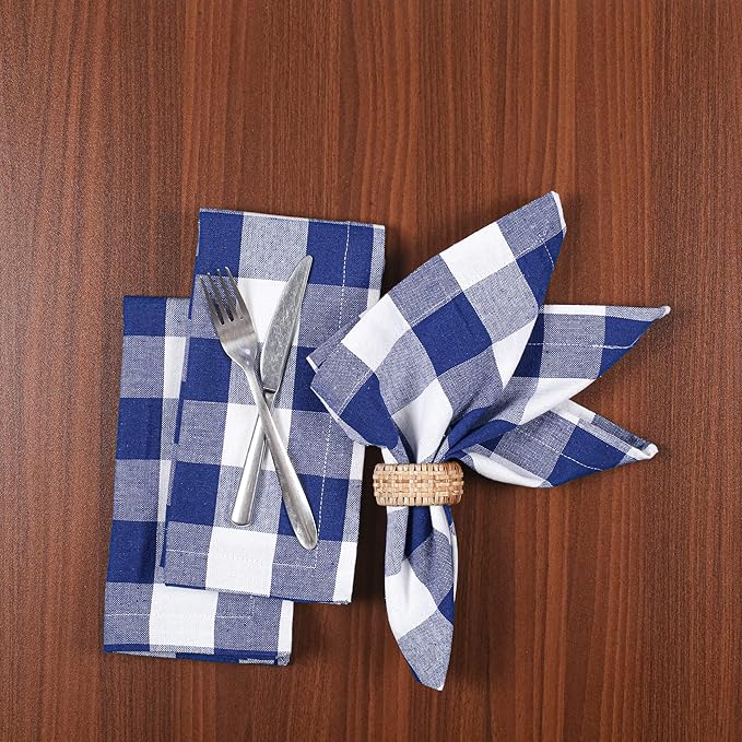 LFH Home 100% Cotton Cloth Reusable Dinner Napkins Set of 12 Washable Soft Decorative Buffalo Plaid Gingham and Checkered Table Napkins for Holidays Wedding Farmhouse Decor 18x18 Inch - Blue & White