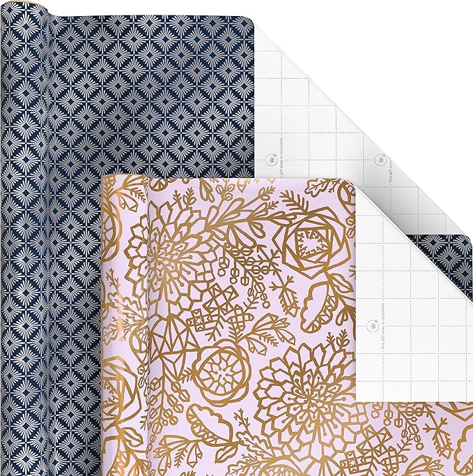 Hallmark Wrapping Paper with Cutlines on Reverse (6 Rolls: 180 Sq. Ft. Total) White and Silver Stripes, Mint Green, Gold Hearts and Flowers for Weddings, Bridal Showers, Birthdays