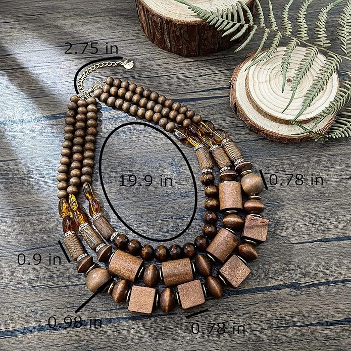 Coiris Layer Chunky Wood Beaded Necklace Exaggerated Statement Bead Collar Necklace Bib Necklaces