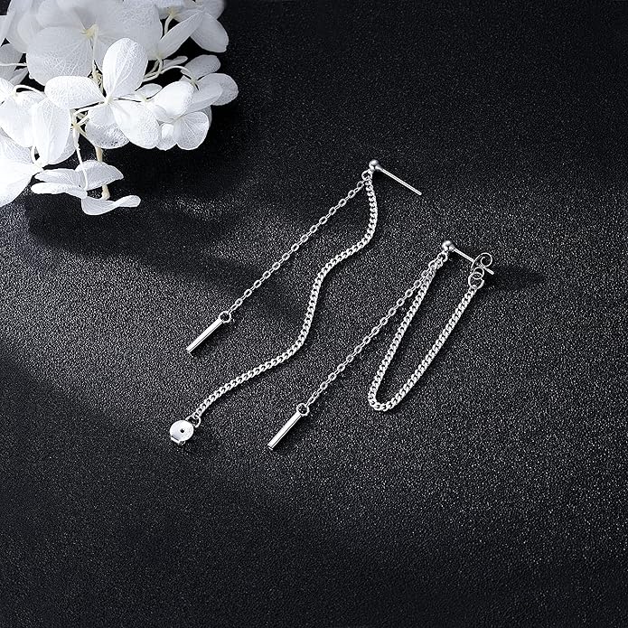 SLUYNZ Solid 925 Sterling Silver Bar Dangle Earrings for Women Minimalist Dangle Earrings Threader Chain