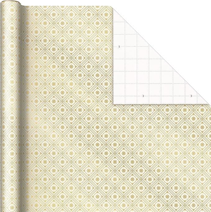 Hallmark Elegant Christmas Wrapping Paper with Cut Lines on Reverse (3 Rolls: 120 sq. ft. ttl) Gold Trees, Emerald Green Plaid, Gold Geometric Snowflakes