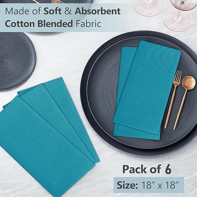 Ruvanti Cloth Napkins Set of 6, 18x18 Inches Napkins Cloth Washable, Soft, Durable, Absorbent, Cotton Blend. Table Dinner Napkins Cloth for Hotel, Lunch, Restaurant, Wedding Parties - Teal