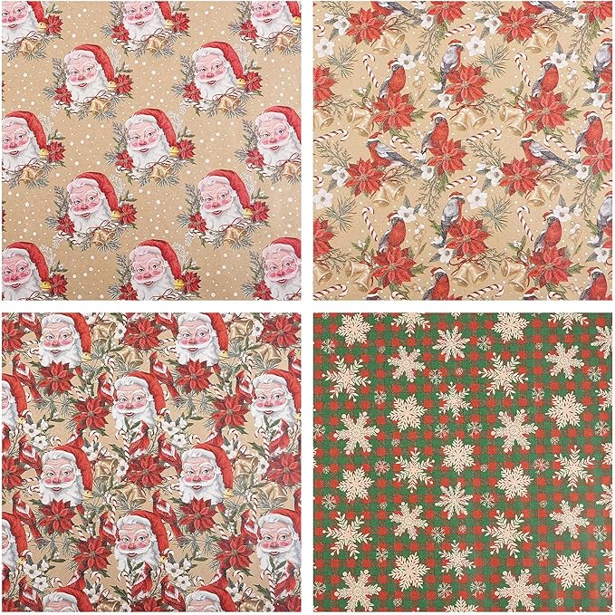 RUSPEPA Kraft Christmas Wrapping Paper Set, Jumbo Roll, Vintage Santa, Bird, Poinsettia,and Gold Snowflake Plaid Design, Kraft Gift Wrap for Christmas, Holiday, 4 Rolls, 30 Inches x 10 Feet per Roll