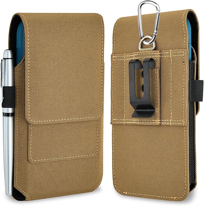 BECPLT for iPhone 17 Pro 17 16/15/14/13/12/11 Pro Belt Case Nylon Phone Holster with Belt Clip and Belt Loops Cell Phone Holder Carrying Pouch for Galaxy S25 S24 S23 S22 S21 S20 - Khaki