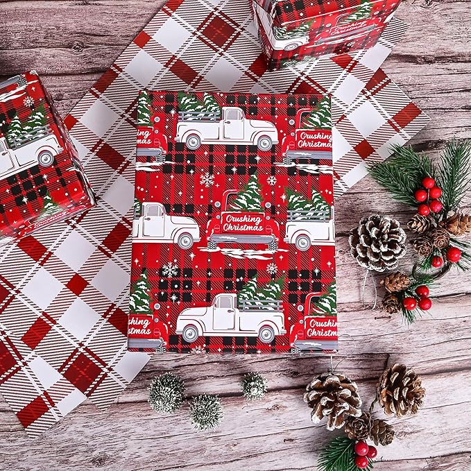Vnaaem Funny Christmas Wrapping Paper Roll for Adult Men Women - Red Black Buffalo Plaid Xmas Truck Crushing Christmas Gift Wrap Sheets for Holiday, Baby Shower, Party Supplies(Total 28.5sq.ft)