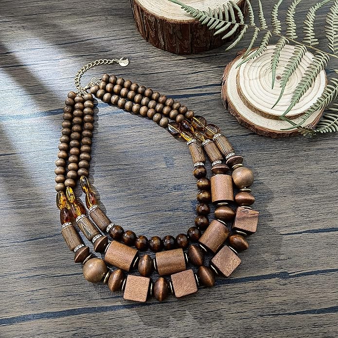 Coiris Layer Chunky Wood Beaded Necklace Exaggerated Statement Bead Collar Necklace Bib Necklaces