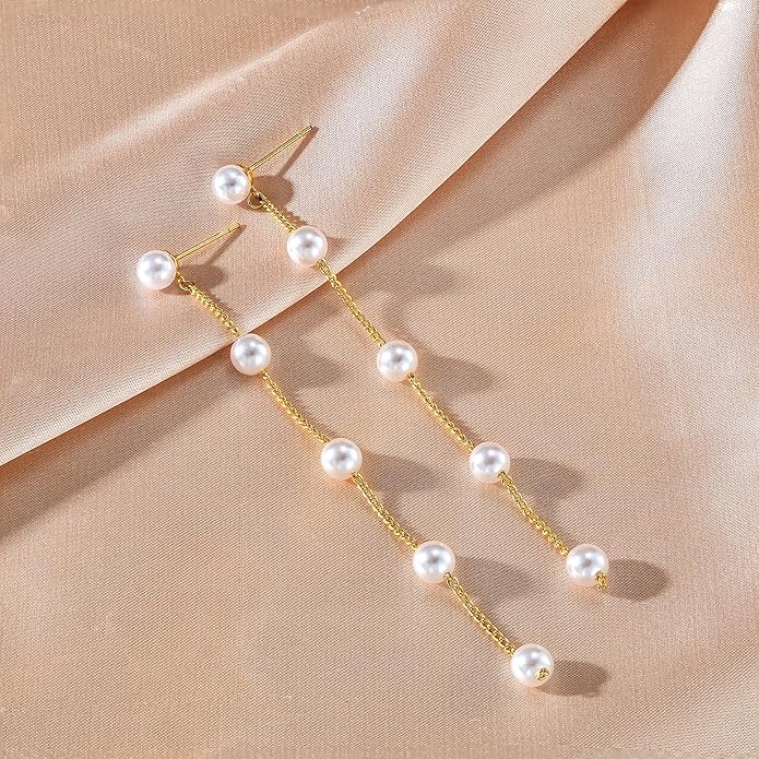 Moodear Gold Dangle Earrings for Women Trendy Dainty 14K Gold Plated Pearl Flower Dangle Drop Stud Chain Earrings Hypoallergenic Long Dangle Earrings for Women Wedding Jewelry Gifts