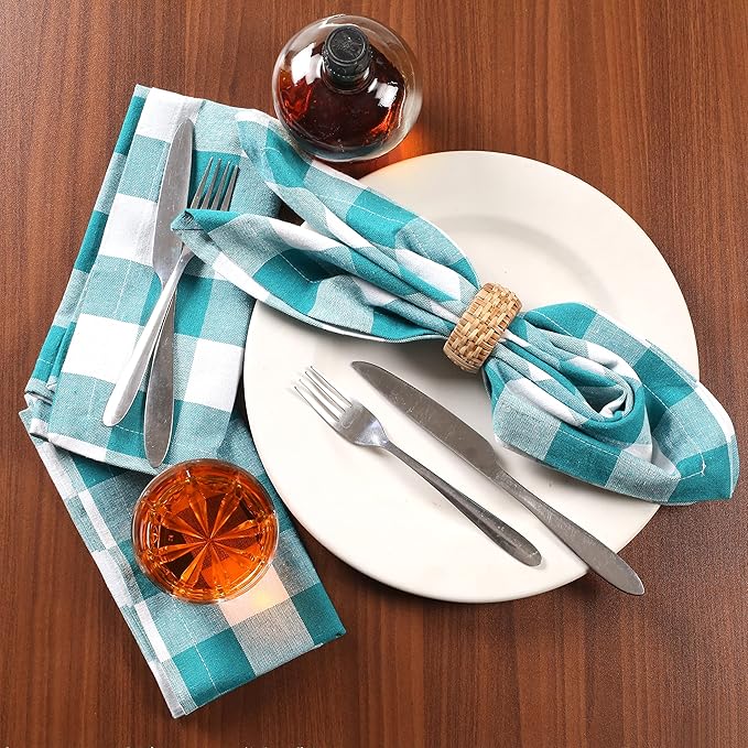 LFH Home 100% Cotton Cloth Reusable Dinner Napkins Set of 12 Washable Soft Decorative Buffalo Plaid Gingham and Checkered Table Napkins for Holidays Wedding Farmhouse Decor 18x18 Inch-Teal & White
