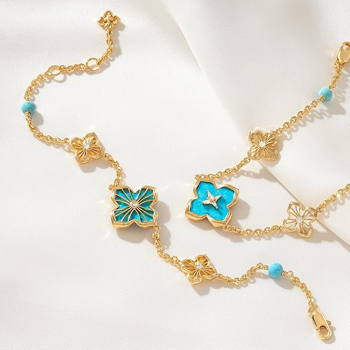 FETERO Gold Bracelets for Women Trendy, Dainty 14K Gold Plated Charm Clover Bracelet 2 Sided Lucky Pendant Cute Pearl Beaded Bracelets Link Chain Waterproof Womens Jewelry Gifts