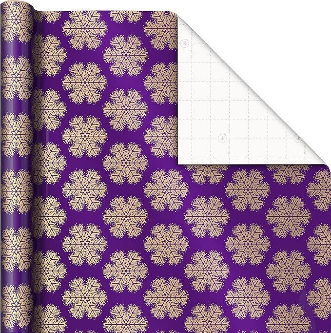 Hallmark Modern Christmas Wrapping Paper with Cutlines on Reverse (3 Rolls: 120 Sq. Ft. Total) Gold Snowflakes on Purple, Jewel-Tone Trees, Plaid Stripes