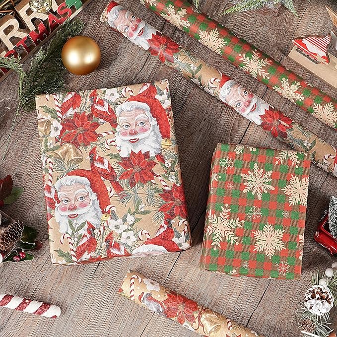 RUSPEPA Kraft Christmas Wrapping Paper Set, Jumbo Roll, Vintage Santa, Bird, Poinsettia,and Gold Snowflake Plaid Design, Kraft Gift Wrap for Christmas, Holiday, 4 Rolls, 30 Inches x 10 Feet per Roll