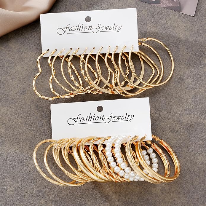 12 Pairs Chunky Gold Hoop Earrings for Women Trendy, Gold Plated Lightweight Hypoallergenic Stack, Thick Open Twisted Huggie Hoops Earring Set