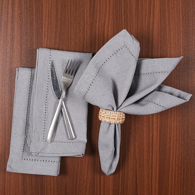 LFH Home Hemstitched Cloth Dinner Napkins 18x18 Inch Set of 12 - Reusable 100% Cotton Machine Washable Cocktail Napkins with Metered Corners for Daily, Party, Wedding, Bar Use - Ash Grey