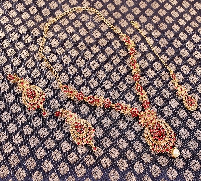 Touchstone Indian jewelry sets for women maang tikka wedding guest gold necklace bollywood jewellery set pageant elegant prom bride accessories western crystal chunky rhinestone necklaces