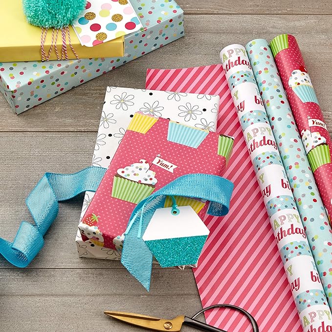Hallmark Birthday Wrapping Paper Rolls - Colorful Gift Wrap Paper, Flowers, Cupcakes, Striped, Polka Dots (Set of 3 Reversible Rolls: 75 sq. ft. ttl.)