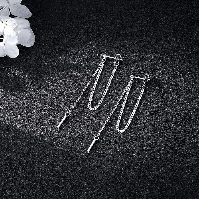 SLUYNZ Solid 925 Sterling Silver Bar Dangle Earrings for Women Minimalist Dangle Earrings Threader Chain