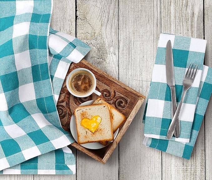 LFH Home 100% Cotton Cloth Reusable Dinner Napkins Set of 12 Washable Soft Decorative Buffalo Plaid Gingham and Checkered Table Napkins for Holidays Wedding Farmhouse Decor 18x18 Inch-Teal & White